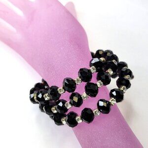 Black Bead Wraparound Stretch Slip-on Cuff Bangle